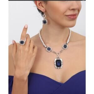 Aven Silver Plated Blue Crystal Stone Chain Necklace, Ring & Earrings Set